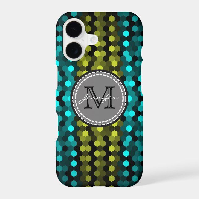 Monogram Acid green & Aqua Hexagons Mosaic Pattern (Back)