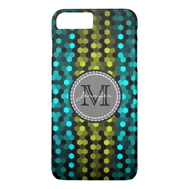Monogram Acid green & Aqua Hexagons Mosaic Pattern Case-Mate iPhone Case (Back)