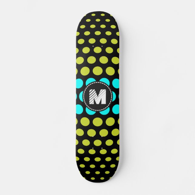 Monogram Acid green & Aqua Polka Dots Pattern Skateboard (Front)