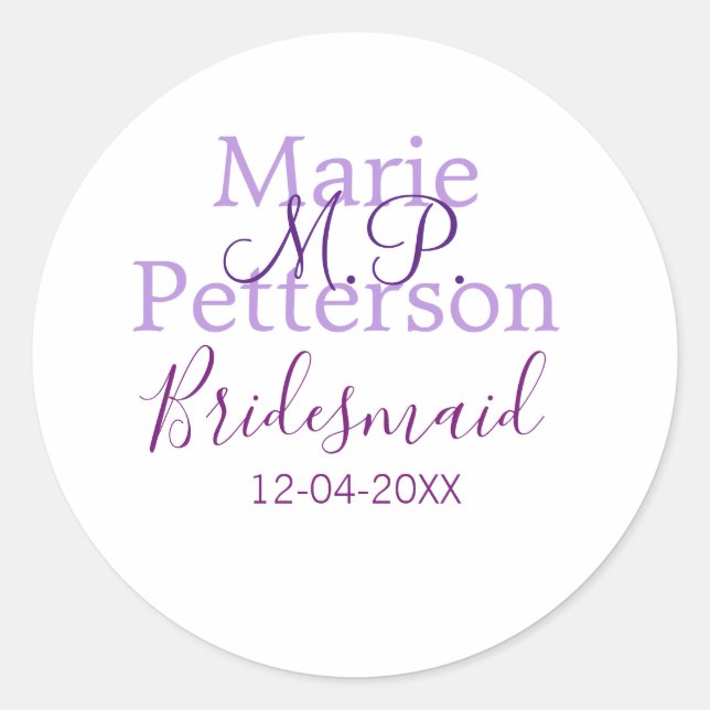 Monogram add name letter bridesmaid wedding maids  classic round sticker (Front)