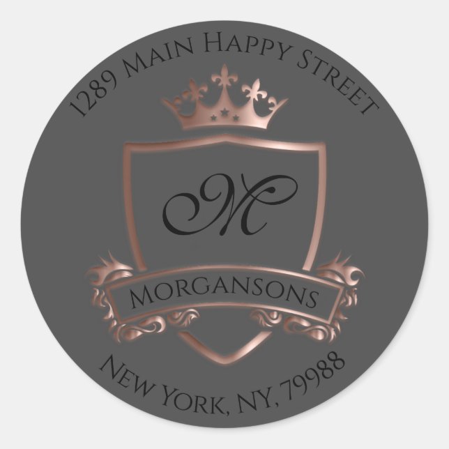 Monogram Address Crown Royal Grey Rose RSVP Classic Round Sticker (Front)