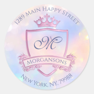 Monogram Address Crown Royal Holograph Pink RSVP Classic Round Sticker