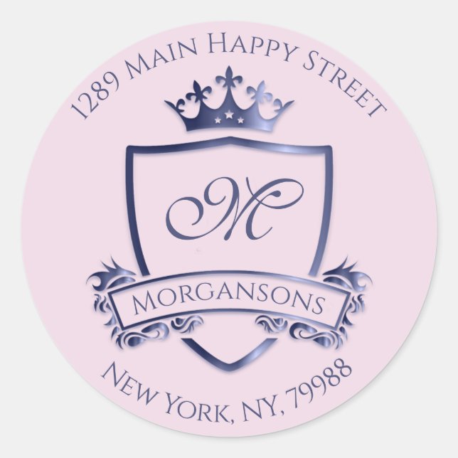 Monogram Address Crown Royal Princess Navy Pink Classic Round Sticker (Front)