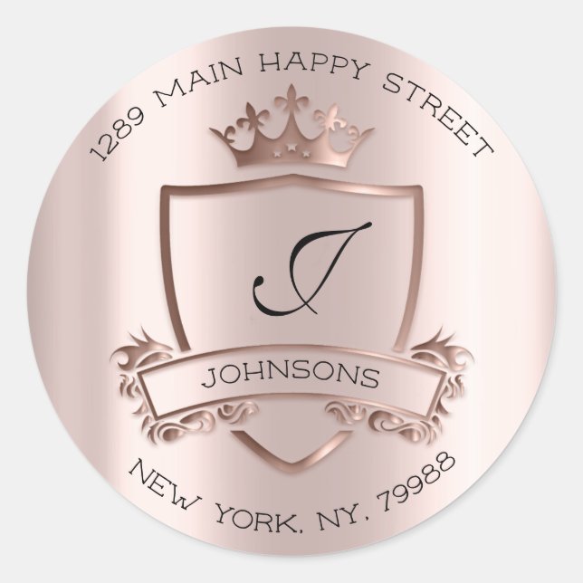 Monogram Address Crown Royal RSVP Rose Wedding Classic Round Sticker (Front)