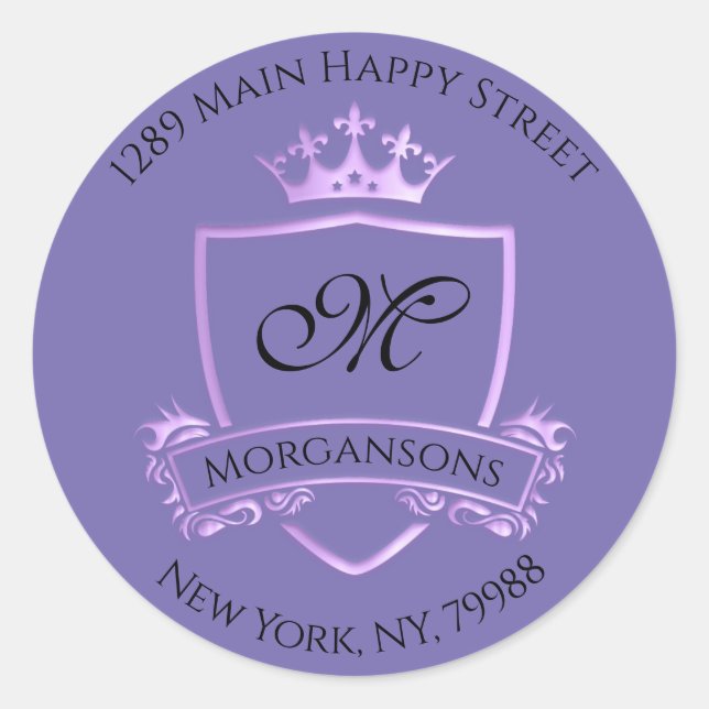 Monogram Address Crown Royal Violet Purple Classic Round Sticker (Front)