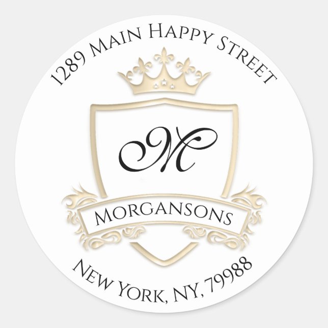 Monogram Address Crown Royal White Gold RSVP Classic Round Sticker (Front)