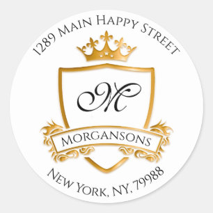 Monogram Address Crown Royal White Golden RSVP Classic Round Sticker