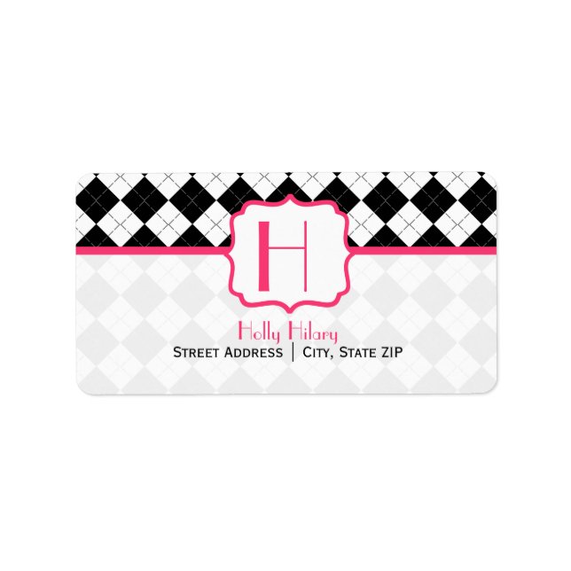 Monogram Address Label - Black Argyle and Pink (Front)