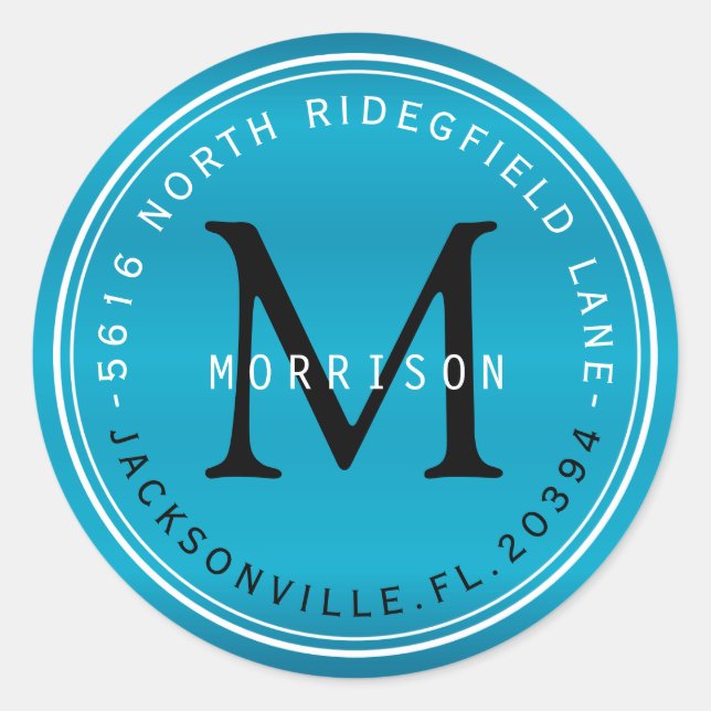 Monogram Address Label in Turquoise Blue (Front)