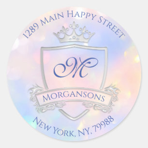 Monogram Address Name Crown Royal Holographic Blue Classic Round Sticker