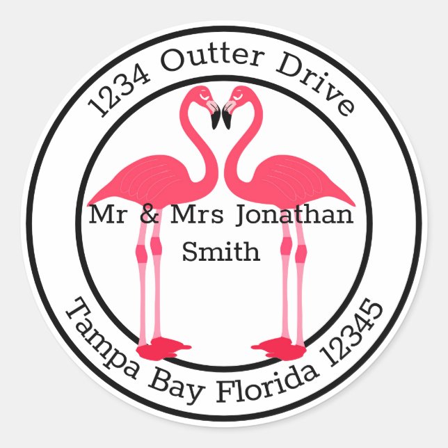 Monogram Address with Flamingos Classic Round Sticker (Front)