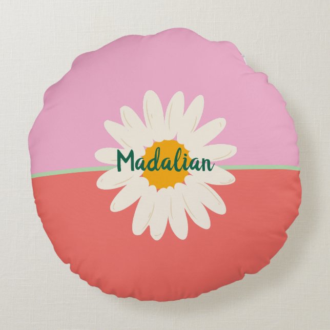 Monogram adorable girly pink green blue sunflowers round cushion (Back)