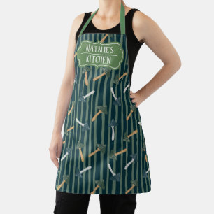 Monogram adorable retro design Mushrooms Green Apron