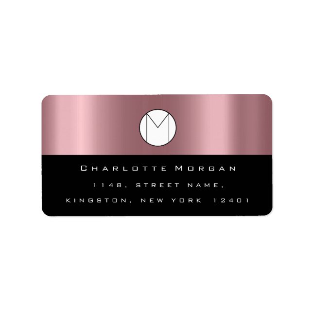 Monogram Adress Name Minimal Rose Black RSVP Label (Front)