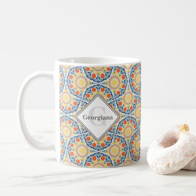 Monogram Aegean Summer Oranges And Lemons Fans Coffee Mug (With Donut)