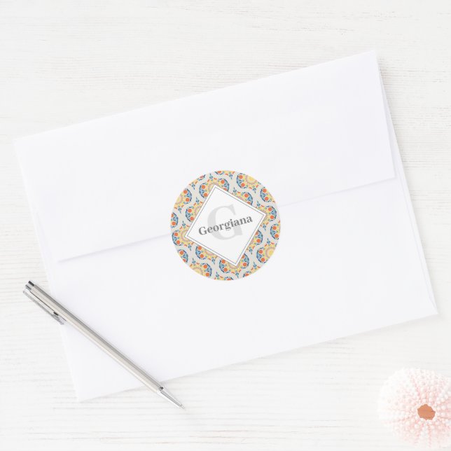 Monogram Aegean Summer Oranges And Lemons Mid Mod  Classic Round Sticker (Envelope)
