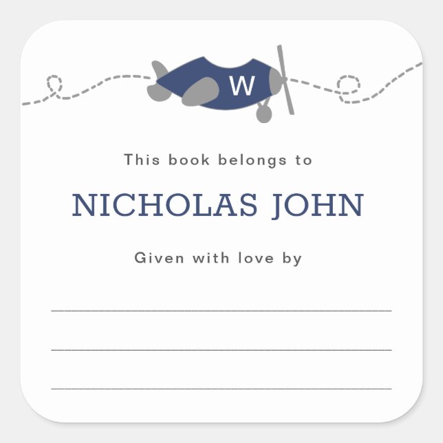 Monogram Aeroplane Boy Baby Shower Bookplate Square Sticker (Front)