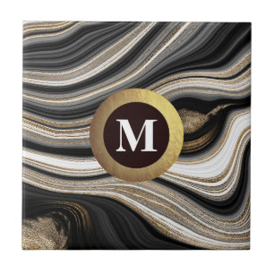 Monogram Agate Black white gold  Tile