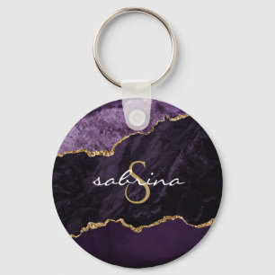 Monogram Agate Geode Purple Gold Key Ring