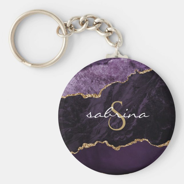 Monogram Agate Geode Purple Gold Key Ring (Front)