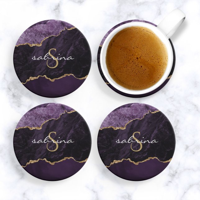 Monogram Agate Geode Purple Gold Sandstone Coaster (Creator Uploaded)