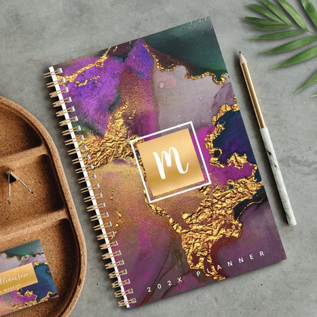 Monogram agate gold purple blue watercolor custom planner (Creator Uploaded)