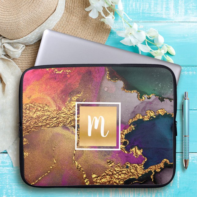 Monogram agate watercolor gold purple blue green laptop sleeve (Creator Uploaded)