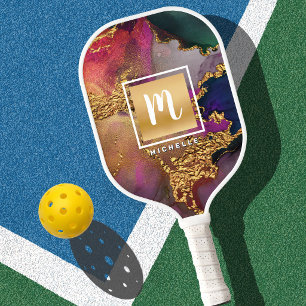 Monogram Agate Watercolor Gold Purple Green Blue Pickleball Paddle