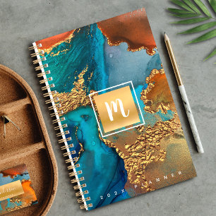 Monogram agate watercolor gold turquoise orange planner