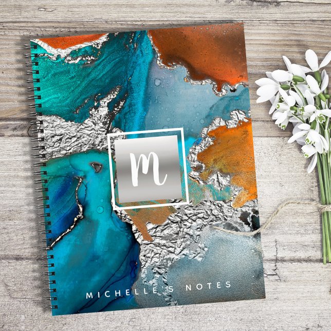 Monogram agate watercolor silver turquoise orange notebook (Creator Uploaded)