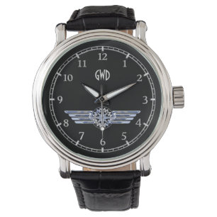 Monogram Air Pilot Silver Wings Compass on Black Watch