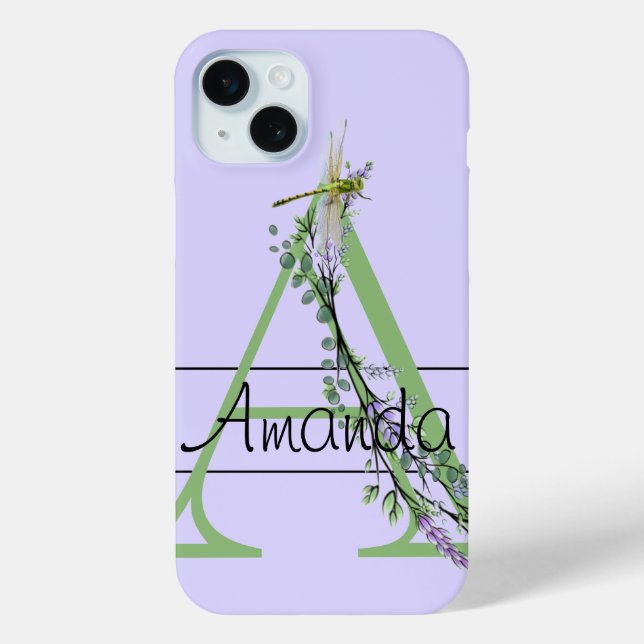 Monogram alphabet A  Lavender Eucalyptus Dragonfly Case-Mate iPhone Case (Back)