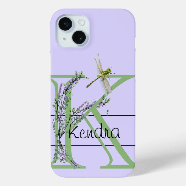 Monogram alphabet K Lavender Eucalyptus Dragonfly Case-Mate iPhone Case (Back)