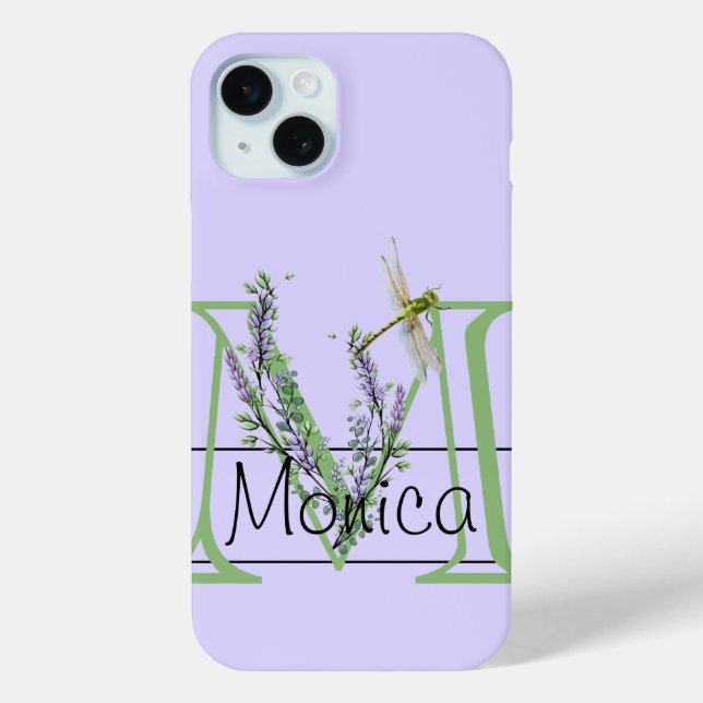 Monogram alphabet M Lavender Eucalyptus Dragonfly Case-Mate iPhone Case (Back)