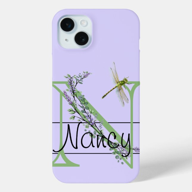 Monogram alphabet N Lavender Eucalyptus Dragonfly Case-Mate iPhone Case (Back)