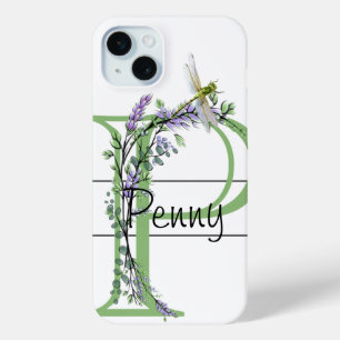Monogram alphabet P Lavender Eucalyptus Dragonfly iPhone 15 Mini Case