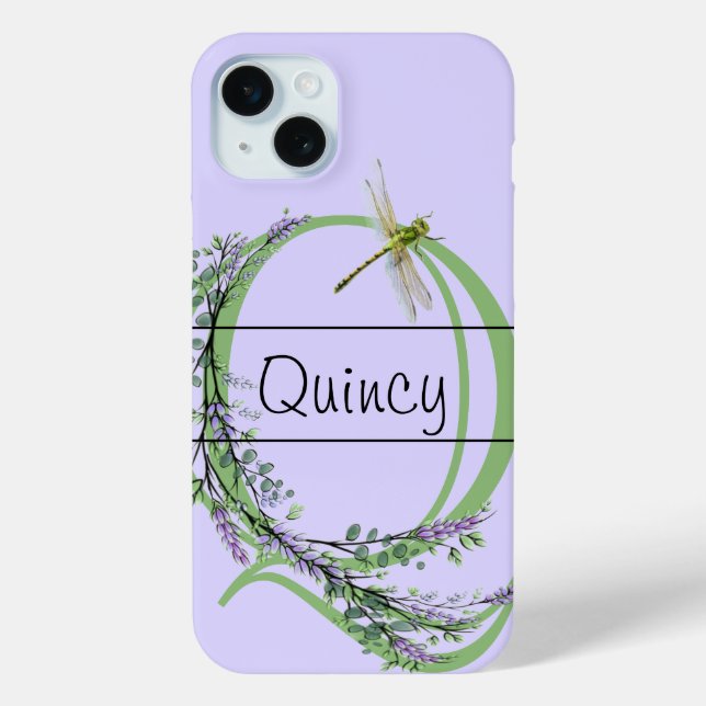 Monogram alphabet Q Lavender Eucalyptus Dragonfly Case-Mate iPhone Case (Back)