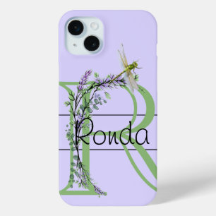 Monogram alphabet R Lavender Eucalyptus Dragonfly iPhone 15 Mini Case