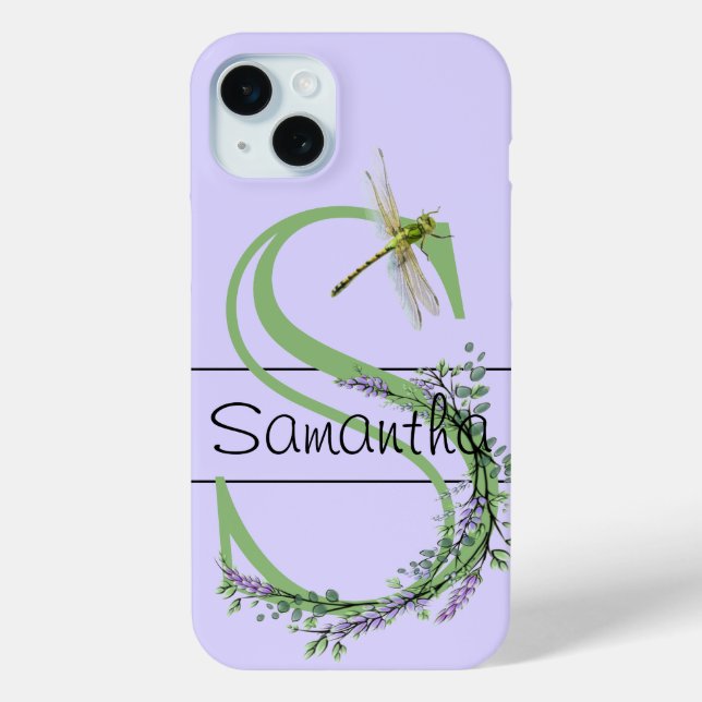 Monogram alphabet S Lavender Eucalyptus Dragonfly Case-Mate iPhone Case (Back)