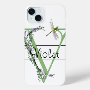 Monogram alphabet V Lavender Eucalyptus Dragonfly iPhone 15 Mini Case