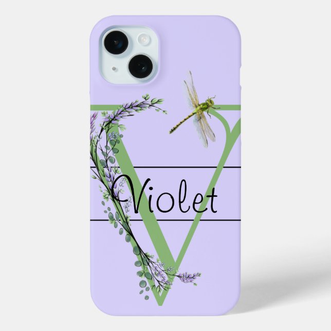 Monogram alphabet V Lavender Eucalyptus Dragonfly Case-Mate iPhone Case (Back)