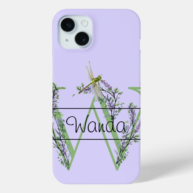 Monogram alphabet W Lavender Eucalyptus Dragonfly Case-Mate iPhone Case (Back)