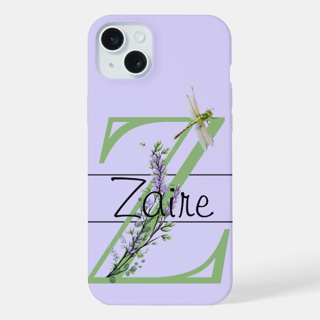 Monogram alphabet Z Lavender Eucalyptus Dragonfly iPhone Case (Back)