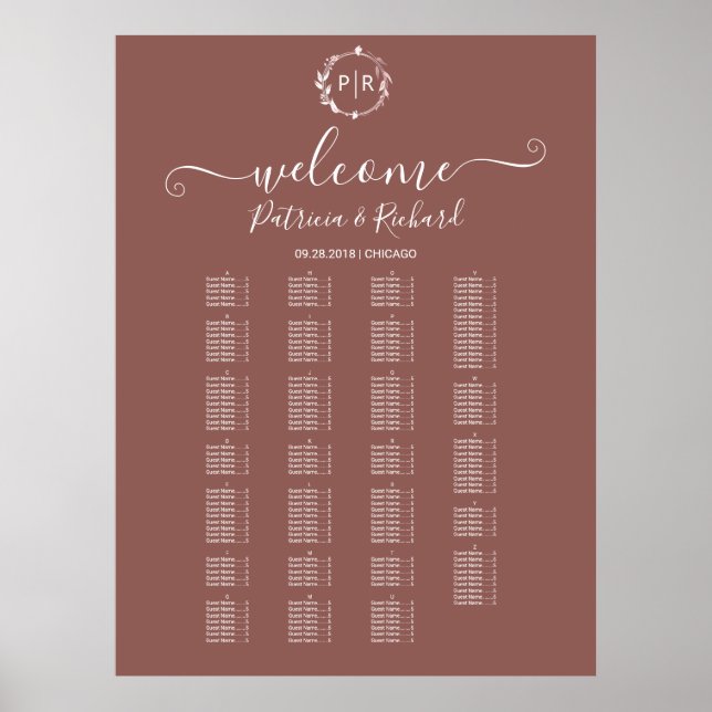 Monogram Alphabetical Seating Chart Sign Board (Front)