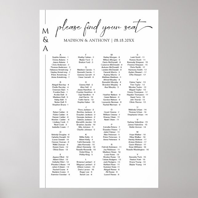 Monogram Alphabetical Wedding Seating Chart Poster (Front)