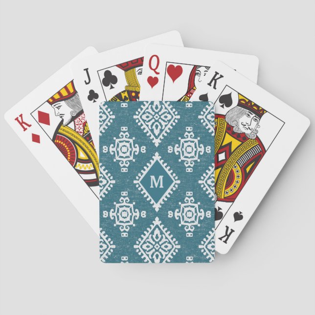 Monogram | Amadora Teal Blue Pattern Playing Cards (Back)