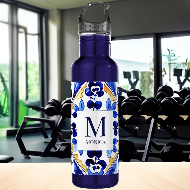Monogram Amalfi Vietri Italian blue tiles gifts 710 Ml Water Bottle (Monogram Amalfi Vietri Italian blue tiles bridesmaid gifts Water Bottle bridal party favors )