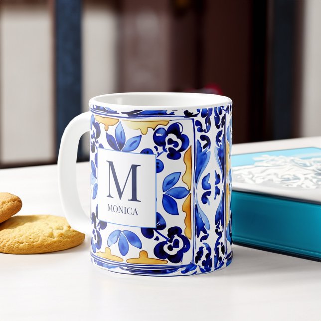Monogram Amalfi Vietri Italian blue tiles gifts Coffee Mug (Monogram Amalfi Vietri Italian blue tiles bridesmaid gifts personalized Mug bridal party favors)