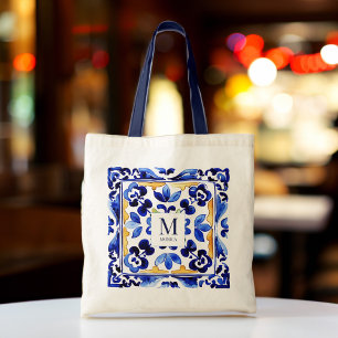 Monogram Amalfi Vietri Italian blue tiles gifts Tote Bag