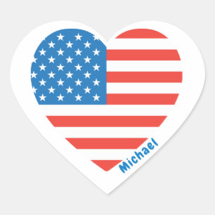 Monogram American USA Flag 4th of July Personalise Heart Sticker